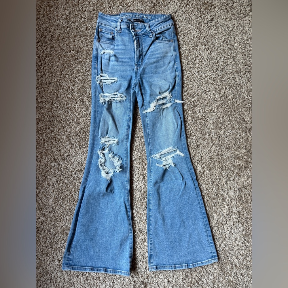 American Eagle Outfitters Light Blue Distressed Flare Jeans